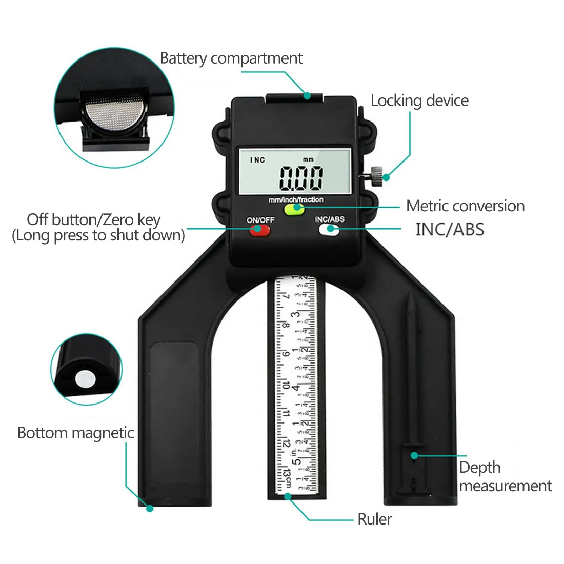 

Digital Tread Depth Gauge 0-80mm Digital Depth Gauge LCD Magnetic Self Standing Aperture Hand Routers