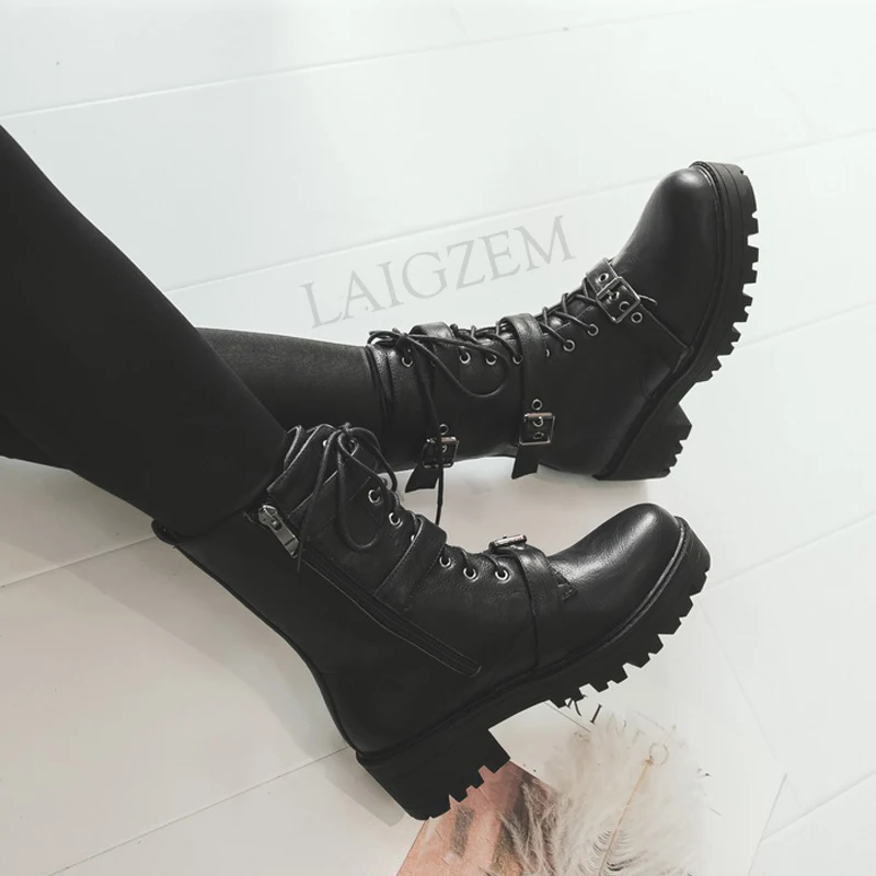 LAIGZEM Women Ankle Boots Mid Chunky Heels Combat Cow Girl Boots Punk Studs Boots Shoes Woman Botines Mujer Small Big Size 32-43 (3)