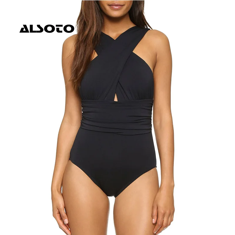 

ALSOTO Women Swimwear Swimsuit Black Red Solid Women Bathing Suits Beach Wear Swim Black Red Sexy Cross Halter Biquinis Feminino