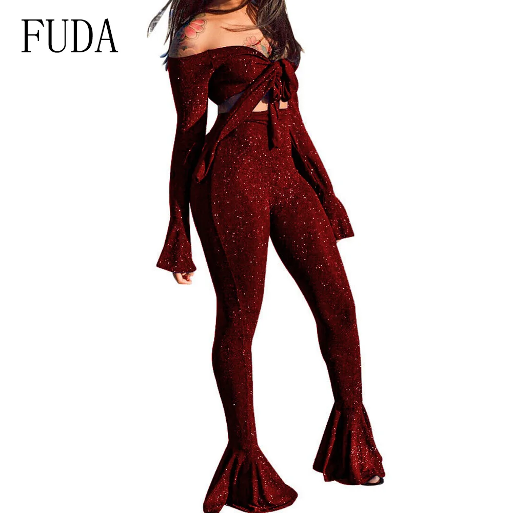 

FUDA New Silver Silk High Elastic Bow Tie Sexy Two Pieces Suit Top + Bell Bottom Pants Women Bodycon Bandage Autumn Jumpsuits