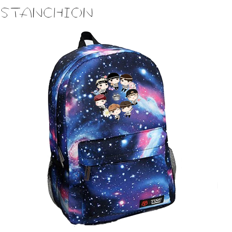 

BTS Cartoon Image Starry Sky Printing Canvas Backpack For Women School Bags For Teenage Girls Back Pack Mochila Feminina