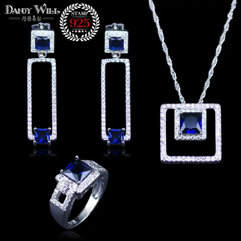 

Dubai style Square Blue Zircon Costume Silver 925 Jewelry Sets Women Pendant&Necklace Ring Earrings With Natural Stones Jewelry