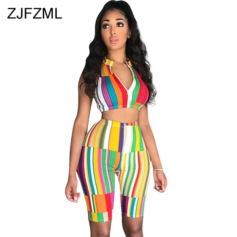 

ZJFZML Rainbow Striped Sexy Two Piece Outfit Women V Neck Sleeveless Crop Top And High Wasit Shorts Summer Bodycon 2 Piece Set