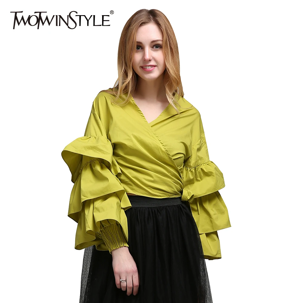 

TWOTWINSTYLE 2019 Women Lace Up Top Ruffle Long Sleeve Shirt Blouse Cross Wrap V Neck Tunic Tops Female Autumn Clothing