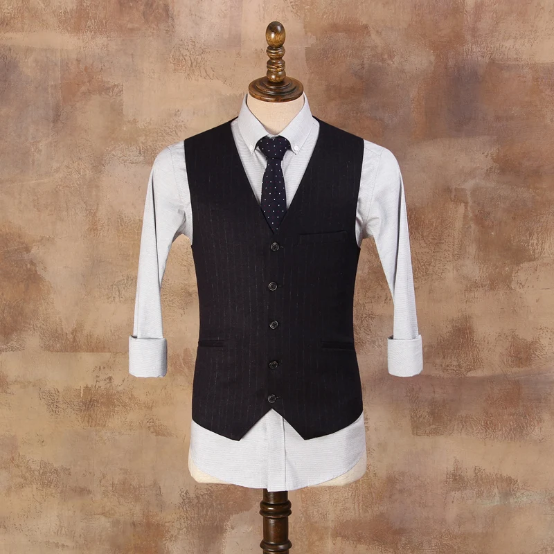 Men's Business Dress Vest Dark Blue Stripe Vests Vintage Waistcoats