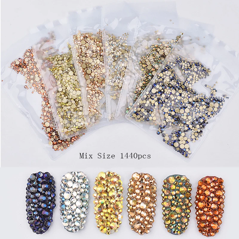 

31 Styles Flat Round Glass Diamond Mix-Size Rhinestones Set Crystal Glass Gems Stone 1440pcs Nail Rhinestones For DIY Nail art