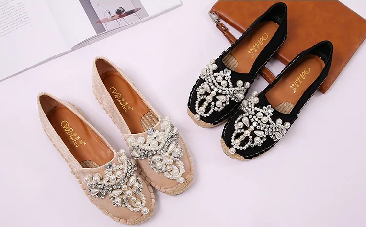Women Flats Casual Spring Autumn Fisherman Shoes Flock Lazy Loafers Rhinestone String Bead Woman Single Shoes 11