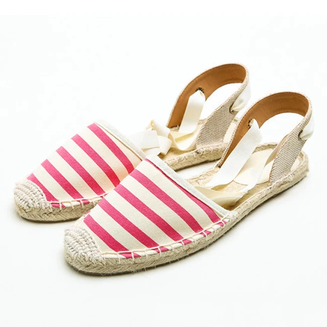 Red Stripe Sandals Новинка года; летние сандалии на плоской подошве; Женские Черные эспадрильи на плоской подошве со шнуровкой в полоску; популярные женские сандалии; Летняя обувь - Цвет: Red Stripe Sandals