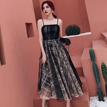 

2020 Sexy Evening Dresses Lace A-Line V-Neck Sleeveless Black Tea-Length Formal Dresses Robe De Soiree LF411