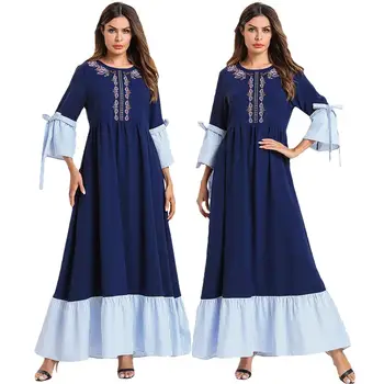 

Plus Size Elegant Stripe Patchwork Long Dress For Women Round Neck Long Sleeve Maxi Dresses Slim Muslim Clothing 2019 Fashion