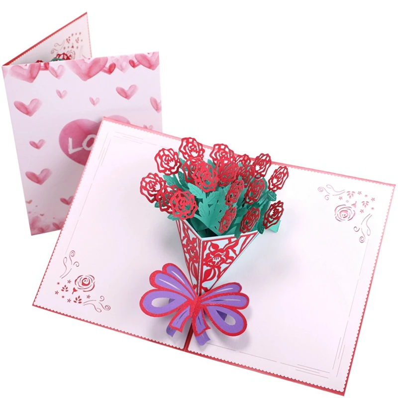  PAPER SPIRITZ Rose Flower Bouquet 3D Laser Kraft Paper Pop Up Card With Envelope Invitations Greeti - 32895798346