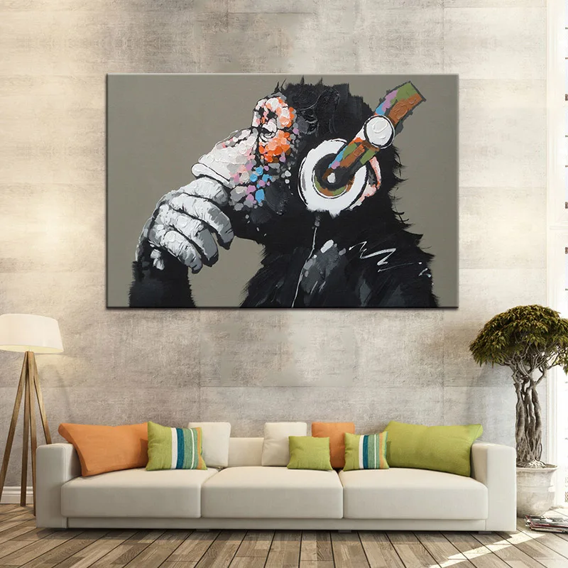 

Large 1 Pcs Animal Monkey Canvas Printed Painting Modern Funny Thinking gorilla with Headphone Wall Art for Living Room Decor
