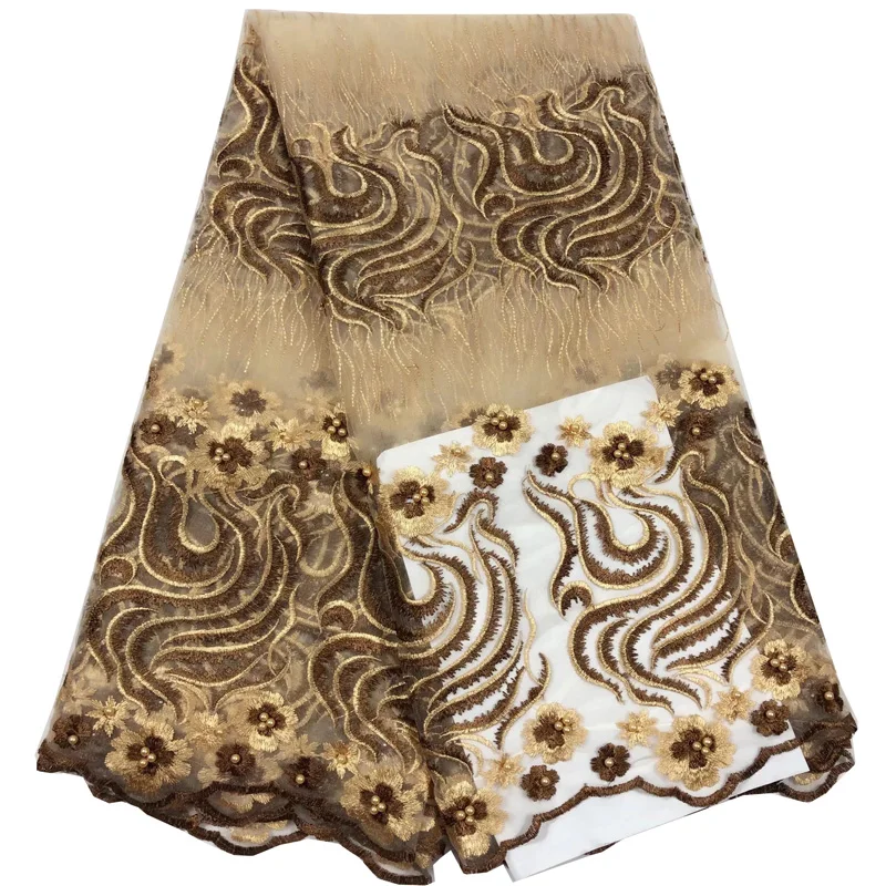 

Free shipping (5yards/pc) elegant cream and brown African French net lace fabric with beads and embroidery for dress FL3940