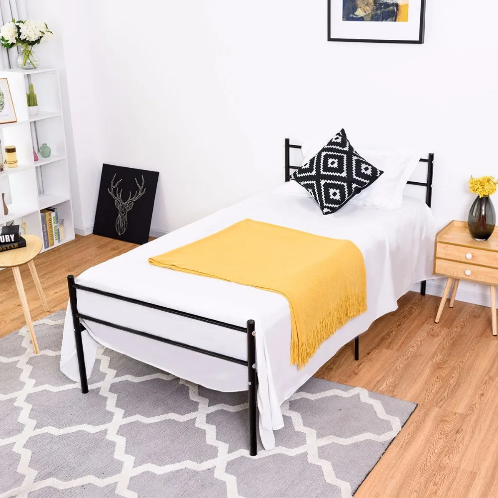 Goplus Twin Size Metal Bed Frame Platform 6 Legs Headboards Furniture Bedroom Black Bedroom Furniture HW59406BK