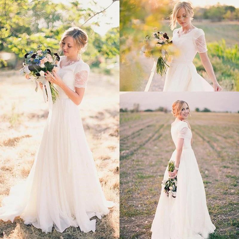 

2019 Short Sleeves Lace Informal Modest Wedding Dresses V Neck Cheap Simple Country Wedding Party Gowns Informal Bridal Gowns