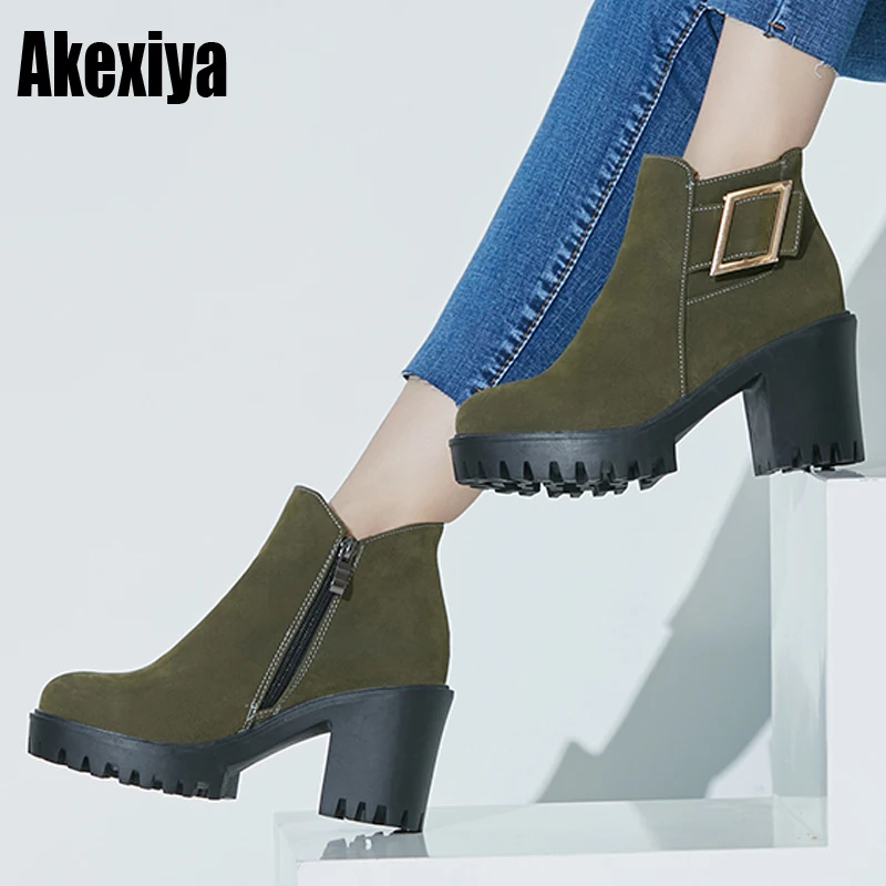 

2019 New Fashion Women Square High Thick Heel Ankle Boots Platform Black Buckle Boot Winter Shoes Plus Size 43 k011