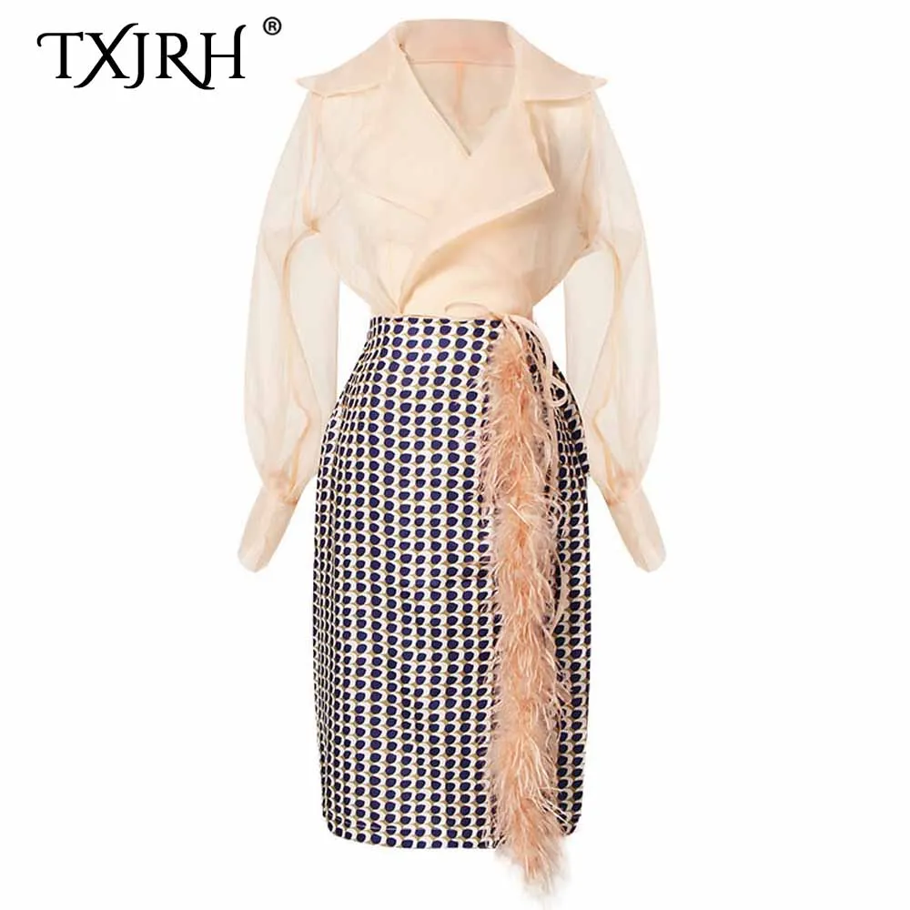 

TXJRH Fashion Women 1 Set Notched Semi Sheer Bow Tide Wrap Chiffon Shirt + High Waist Faur Fur Stitching Split Polka Dot Skirts