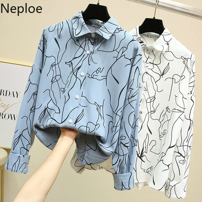

Neploe Geometric Printed Shirt Women 2019 New Korean Loose Slim Blouse Long Sleeve Turn-down Collar Shirt Autumn Tops 53276