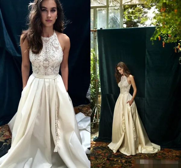 Mejor Precio Vestidos De Novia Bohemia Encaje Y Saten Sin Mangas Bohemio Halter Playa Boda Vestidos De Novia Con Bolsillos Mariee Vestido Novia September 2020
