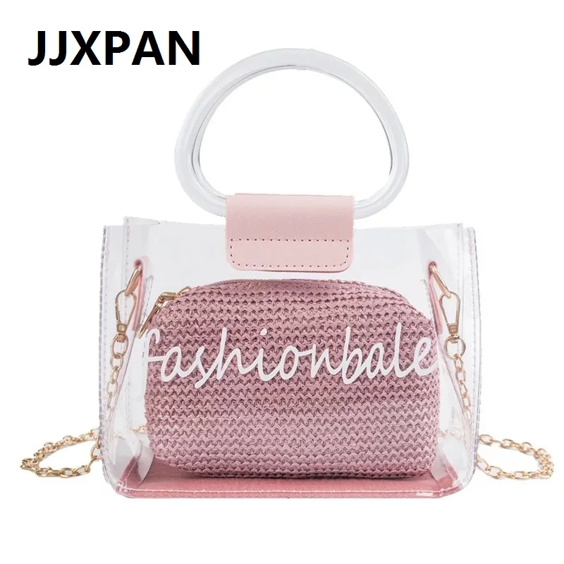 

Two Pcs Clear Transparent PVC Composite Bag Girls Summer Straw Crossbody Shoulder Bags Women Top-handle Handbag Females Bolsa