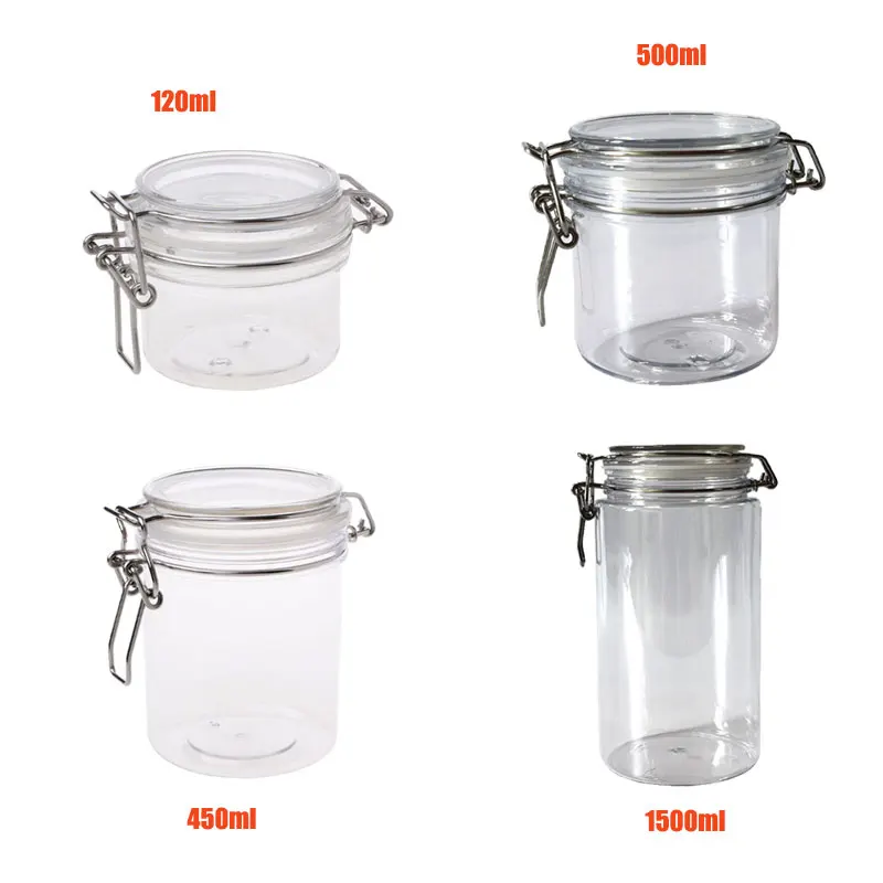 

VFGTERTE 1PC 120ml/450ml/500ml/1500ml PET Storage Bottle with Airtight Seal Lid Round Clip Top Food Container Jars Home Kitchen