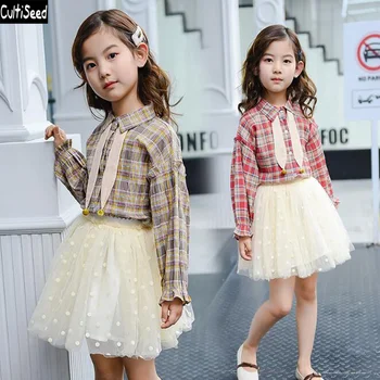 

Cultiseed Big Girl Autumn Dress Sets Children Vintage Plaid Shirts+Mesh Dress 2pc Dress Set Suit Kids Casual Dress Clothes