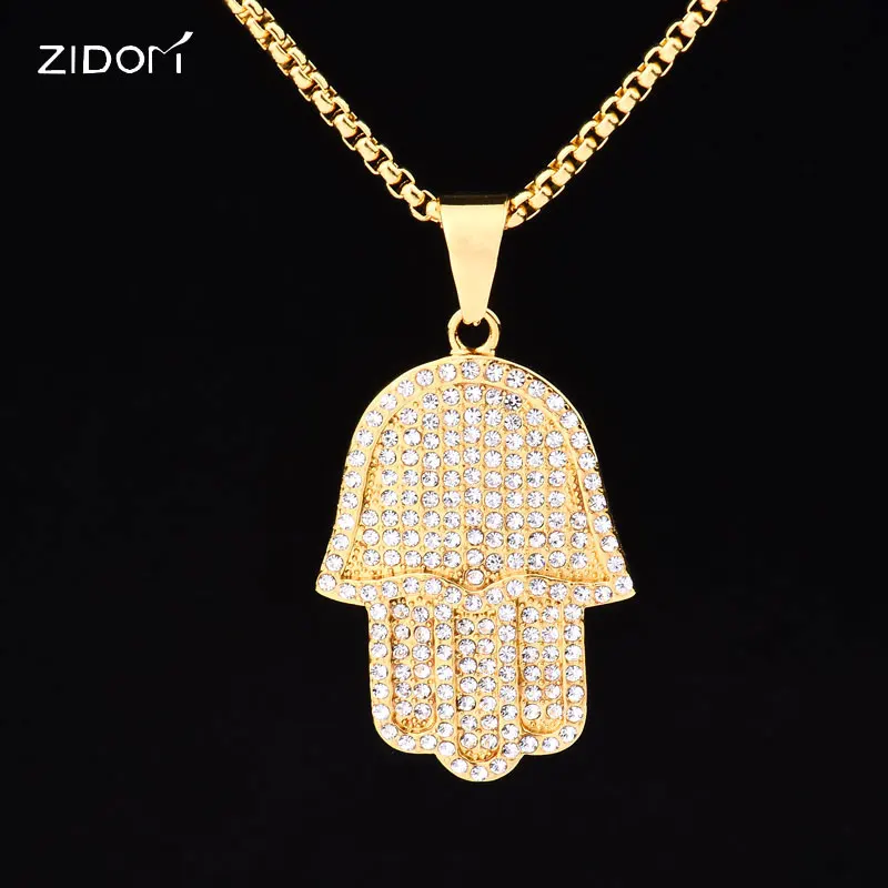 

2018 Hot sale Men Hiphop bling Hamasa hand pendant necklaces Stainless Steel fashion hip hop iced out necklace male jewelry gift