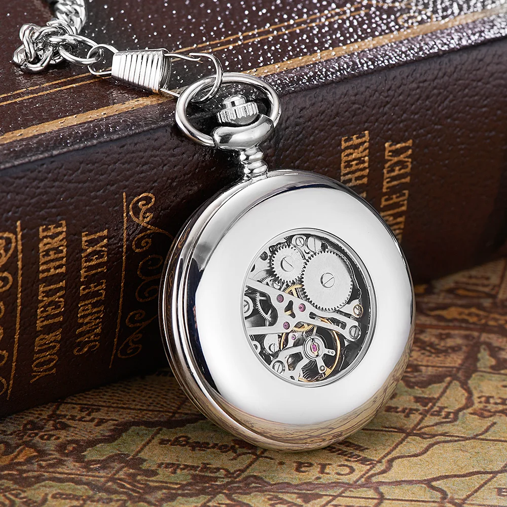 OUYAWEI Luxury Fashion Antique Skeleton Mechanical Pocket Watch Men Chain Necklace Business Casual Pocket Fob Watches 5