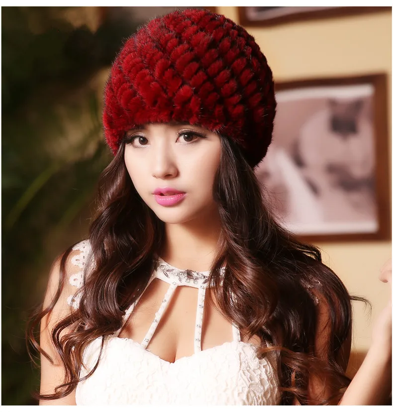 Women's Genuine Real Knitted Mink Fur Bomber Hats Female Winter Caps Ear Warmers Fashion Headgear - Color: wine