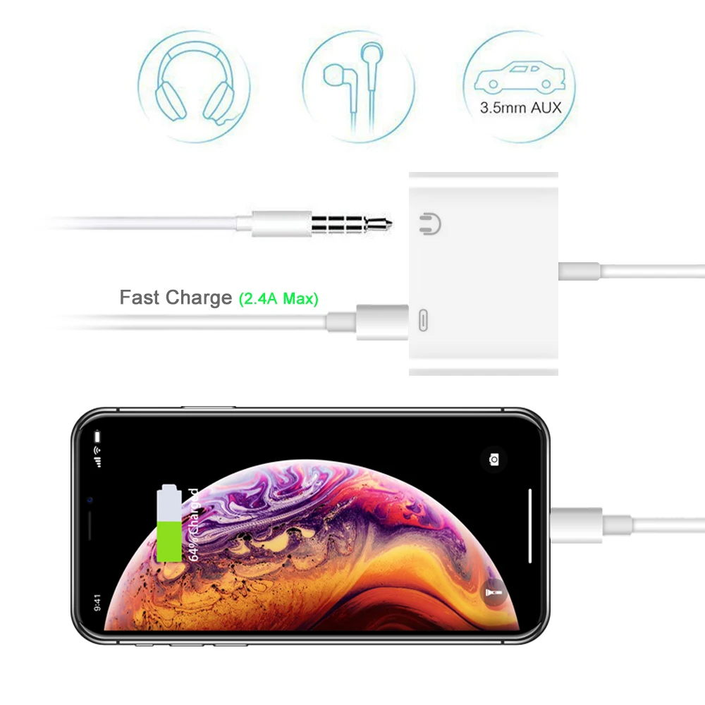 Ascromy 2in1 3.5mm Jack AUX Adapter Splitter For Apple iPhone XS Max XR X S 8 Plus 7 Headphone Earphone Audio Charger Converter (2)