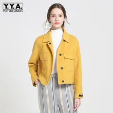 Лидирующий бренд Двусторонняя шерсть короткие пальто для женщин осень зима элегантный сплошной желтый тонкий длинный рукав куртка Верхняя одежда Femme S-L