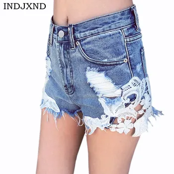 

INDJXND Tear Bag Lady Shorts Summer Casual High Waist Denim Shorts Retro Hot Ladies Jeans Fashion Zippe Fly Denim Shorts