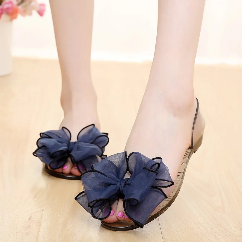 

Summer sandals female bow crystal fish mouth jelly beach shoes non-slip soft bottom student flat shoes