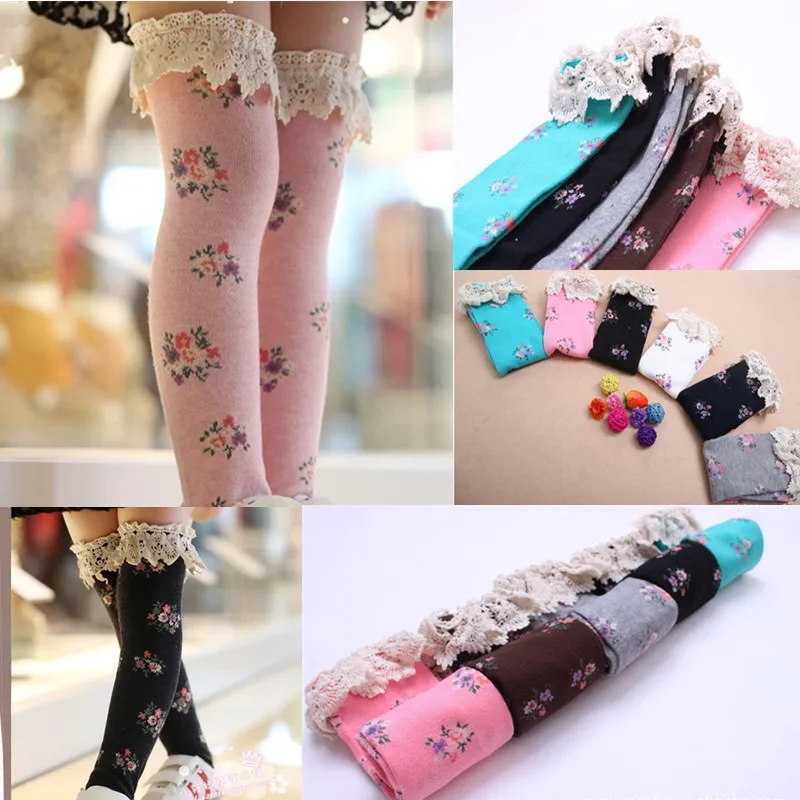 

New Kids Baby Girls Floral Stocking High Knee Tights Leg Warmer Girl Flower Princess Lace Stockings Printed Stockings Footwear