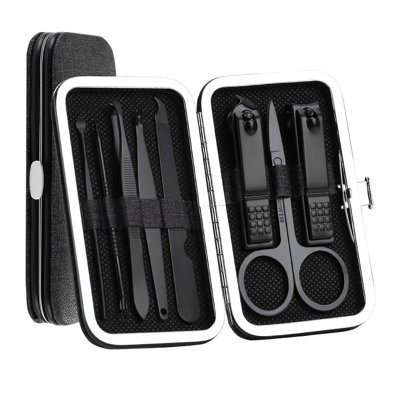  8Pcs/Set Multifunction Nail Clippers Set Stainless Steel Black Pedicure Scissor Tweezer Manicure Se