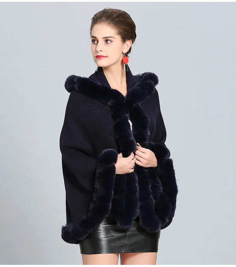 European Women Cloak Faux Fox Fur Patchwork Woolen Coats 2019 Autumn Winter Female Hooded Outerwear Wool Jackets Party Clothing black puffer coat with hood