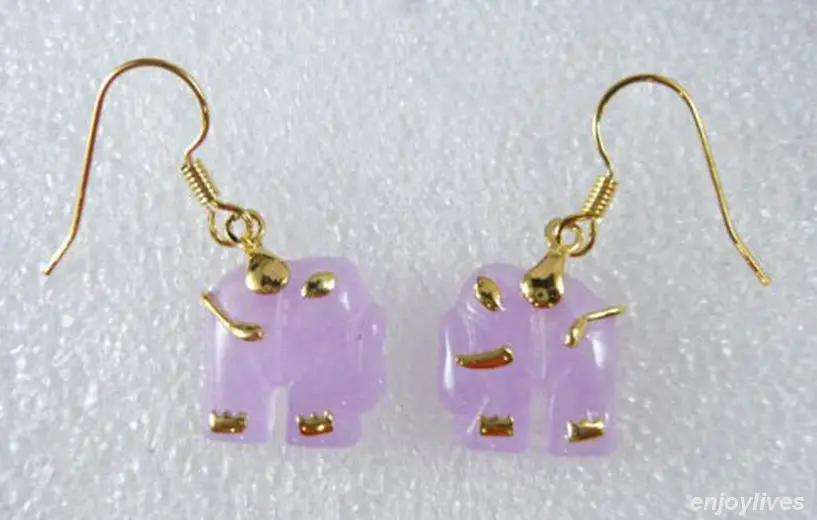 

Hot sale Free Shipping>>>>Purple Jade Yellow Gold Plated Elephant Hook Pendant Earrings