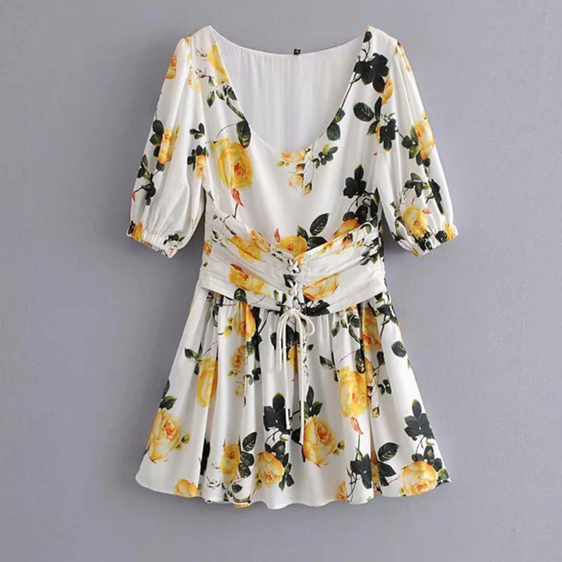 Women's Clothing Dress 2019 Retro Holiday Style Flower Print Short Dress Ms Summer Street Sexy Slim Fit Temperament Clothing