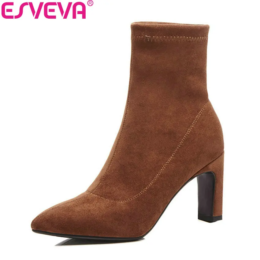 

ESVEVA 2019 Women Boots Square High Heels Shoes Pointed Toe Slip on Ankle Boots Short Plush Sewing Winter Woman Shoes Size 34-42