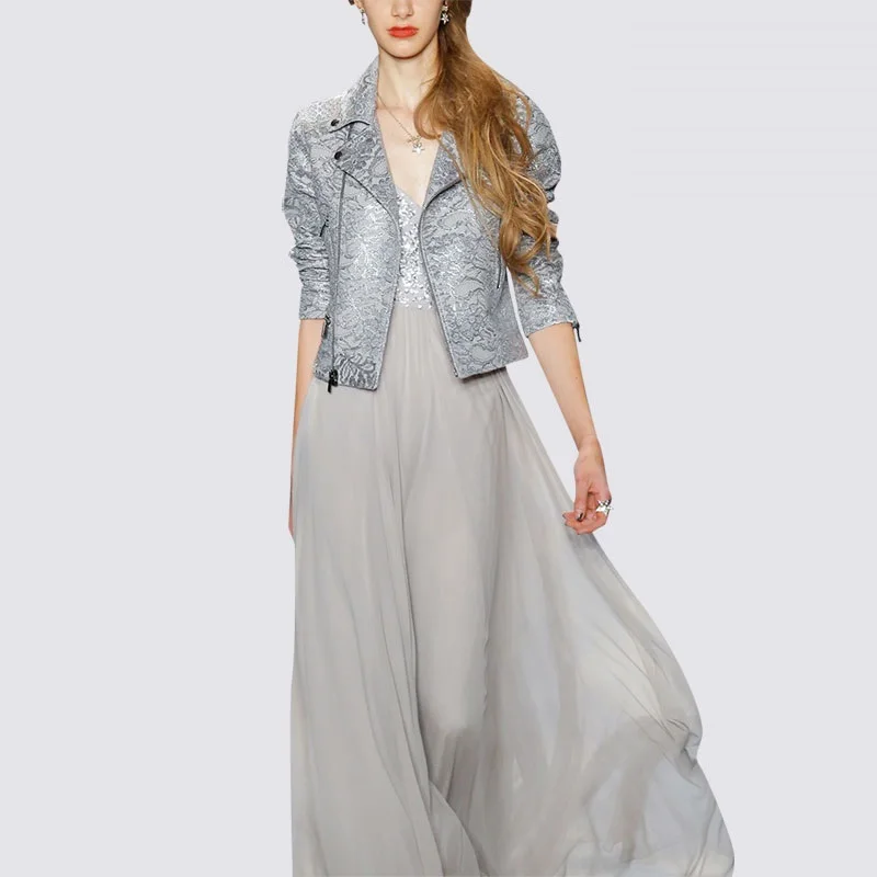 2018 Vrouwen Modeshow Jurk Pak Korte Slanke Kant Jas & Hoge taille Maxi Lange Chiffon Jurk Twee delige Set Meisjes Party Vestidos 2018 Vrouwen Modeshow Jurk Pak Korte Slanke Kant Jas & Hoge taille Maxi Lange Chiffon Jurk Twee delige Set Meisjes Party Vestidos