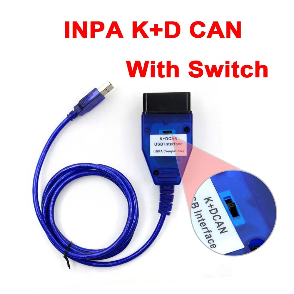 Для BMW INPA K+ CAN с FTDI FT232RL чип OBD2 кабель диагностический инструмент INPA K+ DCAN Поддержка K линии для BMW от 1998 до 2013 - Цвет: With Switch Blue