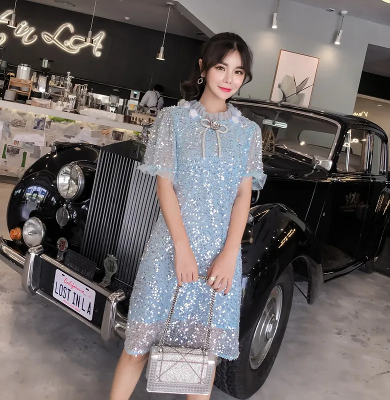 

2019 summer short sleeve bow dress Designer Sequined sweet women o neck puff sleeve mesh party dress vestidos DR140