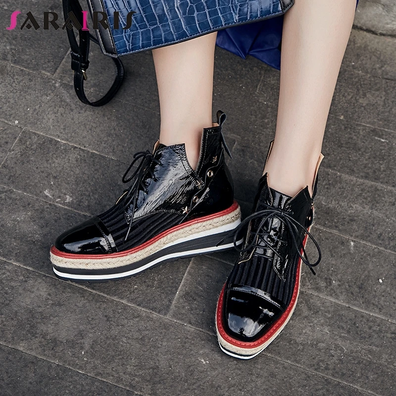 SARAIRIS 2019 New Arrival Genuine Leather Flats shoes lace Mixed Color Flat Platform Comfortable Shoes Woman 2 Colors | Обувь
