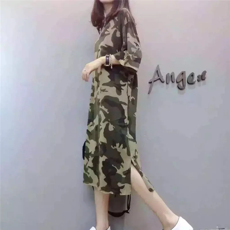 

European Fashion Top 2019 Summer Casual Women Camouflage dress Long Shirt Short sleeve Loose large Size Female Dress S-XXL OK94