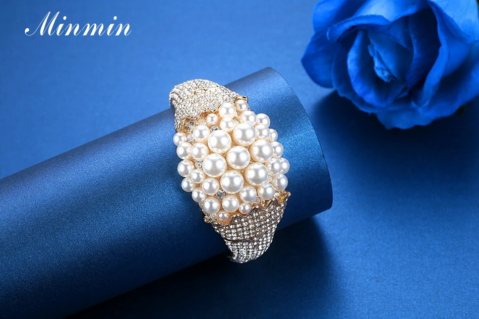 Minmin широкий золотой цвет кристалл браслет синтетический жемчуг браслет женский невесты Шарм браслет регулируемый Свадебные ювелирные изделия MSL324