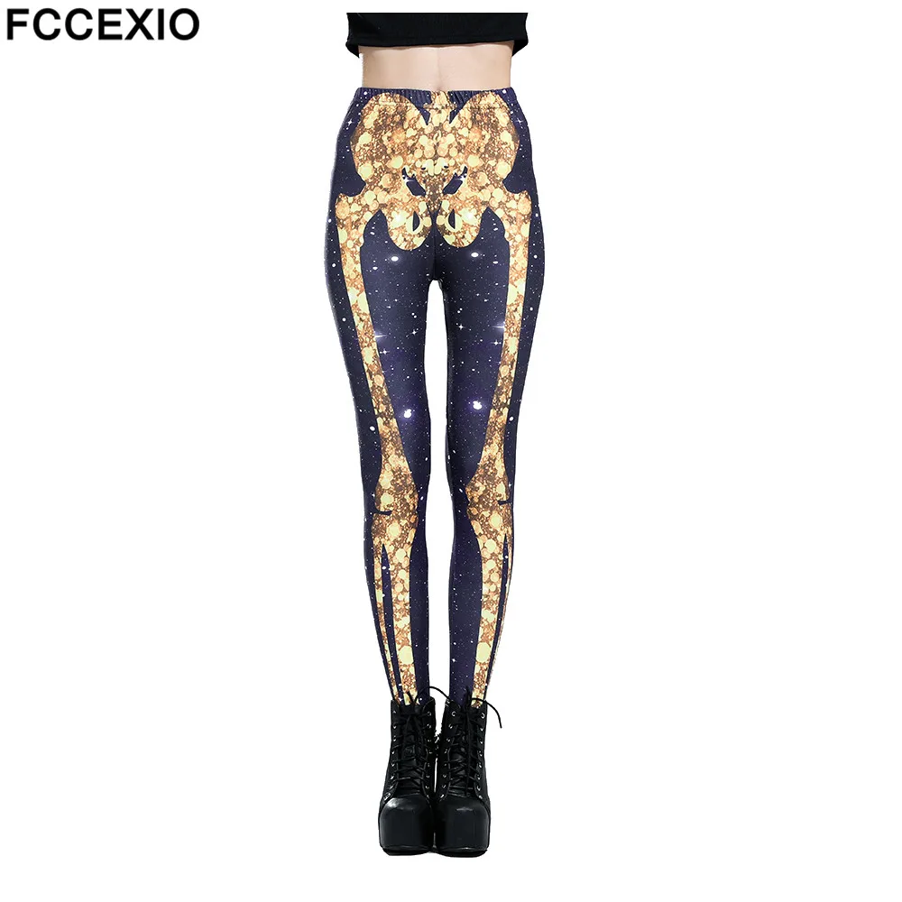 

FCCEXIO New Women Skull Leggings High Waist Workout Pants Fitness Legging 3D Galaxy Golden skeleton Printed Leggins Lady Legging