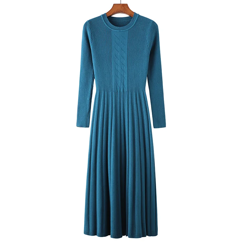 Зимнее платье с длинным рукавом OL, длинное платье-свитер с круглым вырезом, женское плотное платье трапециевидной формы, тонкий женский джемпер, женское трикотажное платье
