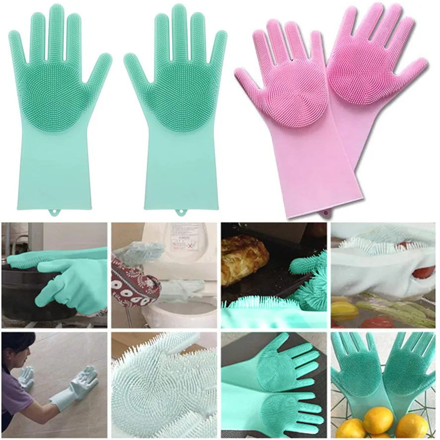 Home Reusable Silicone Cleaning Gloves 1Pair Cleaning Brush Scrubber Gloves Heat Resistant For