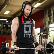 Летние мужские топы на бретелях с капюшоном для фитнеса, мужские футболки для бодибилдинга, для тренировок, размер, мужская спортивная одежда, красный, черный, белый