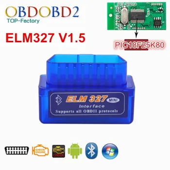 Goedkoop 2017 Mini ELM327 Bluetooth HW V1.5 25K80 ELM 327 OBD2 voor Android Koppel PC Ondersteuning Alle OBDII Protocollen 12 Talen Gratis schip
